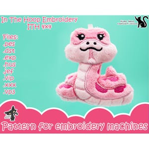 May include: A plush pink snake embroidery project. The snake has a light pink body with darker pink accents. The image includes the text "In The Hoop Embroidery ITH 4x4" and "Pattern for embroidery machines". The design is from Kuro Neko Embroidery Designs.