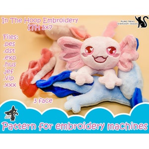 Digitalt ITH-plyschmönster i ringen | Beanie Chibi Axolotl | broderimönster med sömlöst motiv | Söt plyschmönster med fil direkt nedladdning
