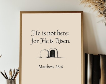 He Is Not Here For He Is Risen - Matthew 28:6 Scripture Art, Christian Easter Digital Print