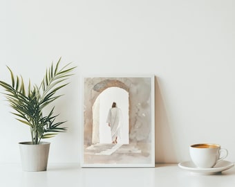 May include: A watercolor painting of a person in a white robe walking through an archway. The painting is framed and has a white background.
