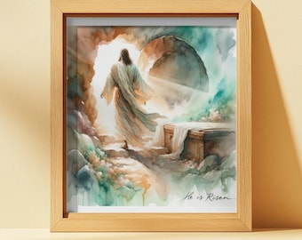 May include: A watercolor painting of Jesus Christ emerging from a tomb with a bright light shining behind him. The text "He is Risen" is written in the bottom right corner of the painting.