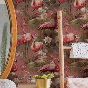 Tapete Vintage Flamingo Pink Retro Vogel Wandbild Tropisches Wanddekor Abnehmbares Schälen und Aufkleben oder Traditionelle Tapete