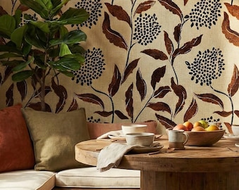 Papel pintado bohemio vintage con hojas botánicas en marrón óxido - OPD361