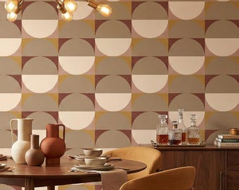 Retro Geometric Wallpaper Mid Century Modern Beige and Brown Circle Wall Decor - OPD240