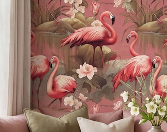 Vintage Flamingo Wallpaper Pink Retro Bird Tropical Wall Decor Peel and Stick or Traditional - OPD2