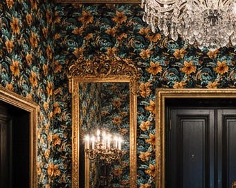 Dark Baroque Floral Wallpaper Teal Gold Vintage Wall Decor - OPD49
