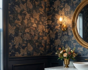 Vintage Wallpaper Midnight Floral Botanical Navy Beige Peel Stick Accent Wall Decor - OPD441