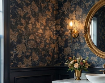Vintage Wallpaper Midnight Floral Botanical Navy Beige Peel Stick Accent Wall Decor - OPD441