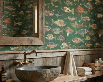 Papel pintado de peces peculiares, cabaña de pesca verde, decoración de pared de casa de lago - OPD454