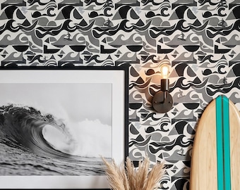 Geometric Wave Wallpaper Bold Black White Monochrome Abstract Surfer Home Wall Decor Peel and Stick or Traditional - OPD553