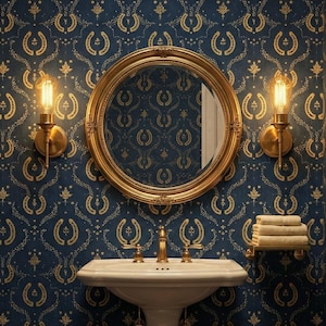 Farmhouse Wallpaper Lucky Horseshoe Western Gold Navy Cabin Wall Decor - OPD438