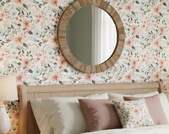 Floral Wallpaper Vintage Peach Sage Botanical Wall Decor Peel and Stick or Traditional -OPD44