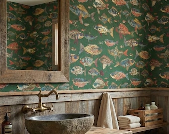 Quirky Fish Wallpaper Groovy Green Fishing Cabin Cottage Lake House Wall Decor - OPD454