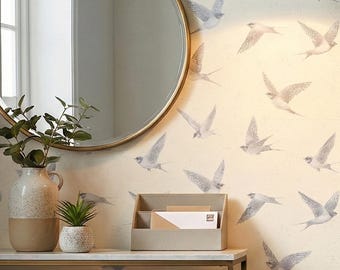 Bird Wallpaper Cream and Grey Swallow Unique Avian Wall Decor - OPD337