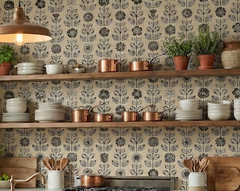 Vintage Scandinavian Wallpaper Neutral Floral Block Print Black Beige Boho Farmhouse Wall Decor - OPD453