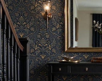 Papel pintado damasco oscuro y melancólico azul marino y dorado estilo gótico para decoración de paredes del hogar - OPD522