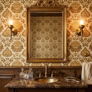 May include: A luxurious bathroom vanity with a gold-framed mirror, sconces, and a marble countertop. The sink is gold, and the wallpaper features a repeating floral pattern in gold and cream. The vanity is made of dark wood.