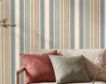 Papel pintado a rayas Japandi Azul Verde Neutro Decoración de Pared para el Hogar - OPD520