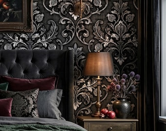 Papel pintado damasco gótico oscuro negro y plateado con motivos vintage para decoración de paredes del hogar - OPD531