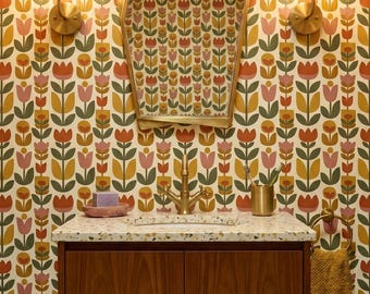Tulip Botanical Wallpaper Terracotta Mustard Retro Earthy Home Wall Decor Peel and Stick or Traditional - OPD555