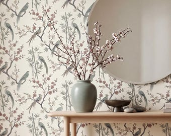 Crane Wallpaper Whimsical Japandi Chinoiserie Birds Bamboo Blossom Home Wall Decor - OPD518