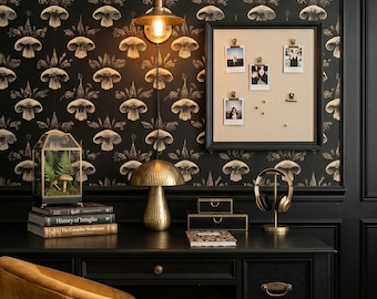 Dark Moody Mushroom Wallpaper Vintage Academia Botanical Gold Black Home Wall Decor Peel and Stick or Traditional - OPD105
