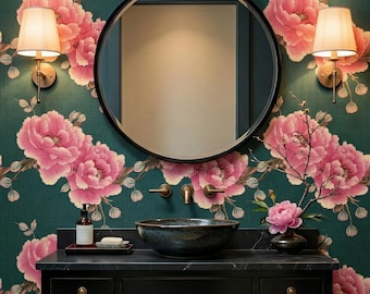 Rosa Pfingstrose Tapete Grün Vintage Blumen Wand Dekor Schälen und Aufkleben oder Traditionell - OPD55