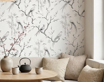 Papel pintado de pájaros en blanco y negro, de inspiración asiática, con grulla japonesa para decoración de paredes del hogar - OPD530
