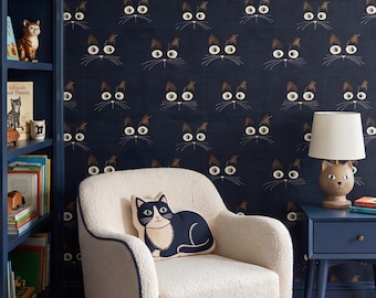 Whimsical Cat Wallpaper Quirky Dark Playful Kids Playroom Home Wall Decor Peel and Stick or Traditional - OPD336