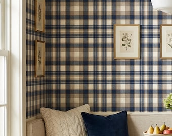 Plaid Wallpaper Navy Blue Neutral Striped Cottage Farmhouse Home Wall Decor - OPD526