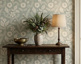 Neutral Floral Scandinavian Wallpaper Block Print Soft Blue Green Wall Decor Peel and Stick or Traditional - OPD550