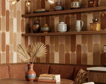Mid-Century Retro Wallpaper Terracotta Beige Geometric Earthy Home Wall Decor Peel and Stick or Traditional - OPD549