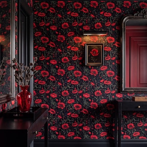 Moody Floral Wallpaper Dark Academia Botanical Red Poppy Home Wall Decor Peel and Stick or Traditional - OPD102