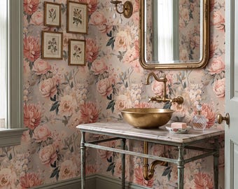 Vintage Pink Floral Wallpaper Whimsical Botanical Wall Decor Peel and Stick or Traditional - OPD40