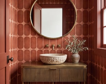 Mid-Century Wallpaper Unique Retro Moody Vibe in Terracotta and Beige Wall Decor - OPD370