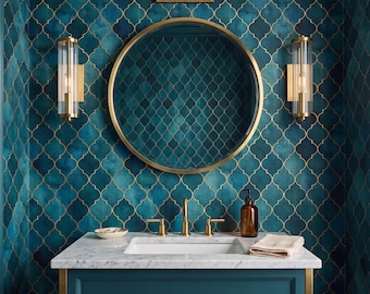 Moroccan Teal Gold Trellis Wallpaper Peel and Stick or Traditional Wall Decor - OPD348