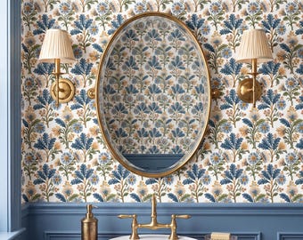 William Morris Behang Stoffig Blauw Goud Terracotta Bloemen Botanisch Muurdecoratie voor Thuis, Zelfklevend of Traditioneel - OPD659