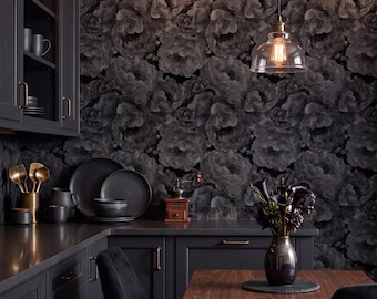 Gothic Black Peony Wallpaper Vintage Chinoiserie Wall Decor Peel and Stick or Traditional - OPD7