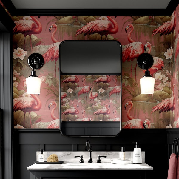 Wallpaper Vintage Flamingo Pink Retro Bird Mural Luxury Tropical Wall Decor Removable Peel and Stick or Permanent Traditional Wallpaper