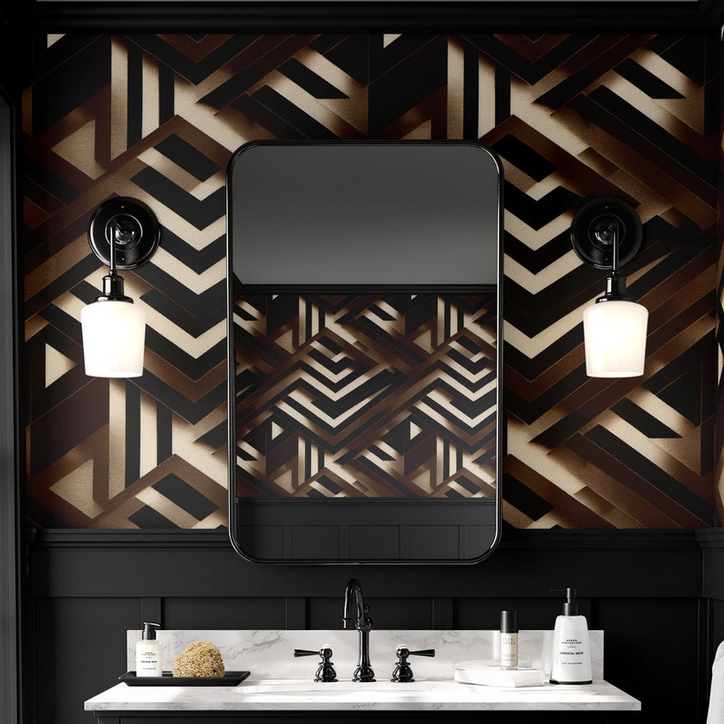 Dark bathroom with Wallpaper Art Deco Retro Wall Mural Luxury Mid-Century Geometric Decor Funky Removable Peel and Stick or Permanent Traditional Wallpaper