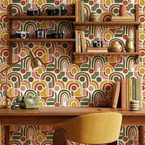 Funky Wallpaper Vintage Mid Century Modern Geometric Rainbow Arches Retro Home Wall Decor - OPD537