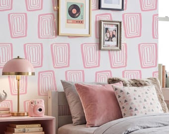 Pink Geometric Wallpaper Groovy Retro Rectangle Wall Decor Peel and Stick or Traditional - OPD292