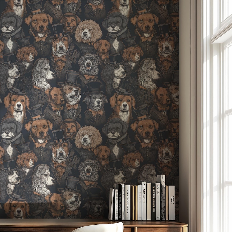 Funky Dog Wallpaper Vintage Animal Luxury Wall Decor Peel and Stick or Traditional