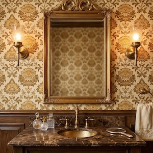 May include: A rectangular wall mirror with an ornate gold frame mounted above a dark wood vanity with a brown marble countertop. The vanity features a gold sink, two glass perfume bottles, and a hand mirror. Two wall sconces flank the mirror.