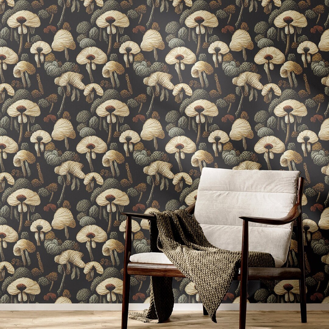 Dark Mushroom Peel and Stick Wallpaper, Removable Mushroom Wall Decor
