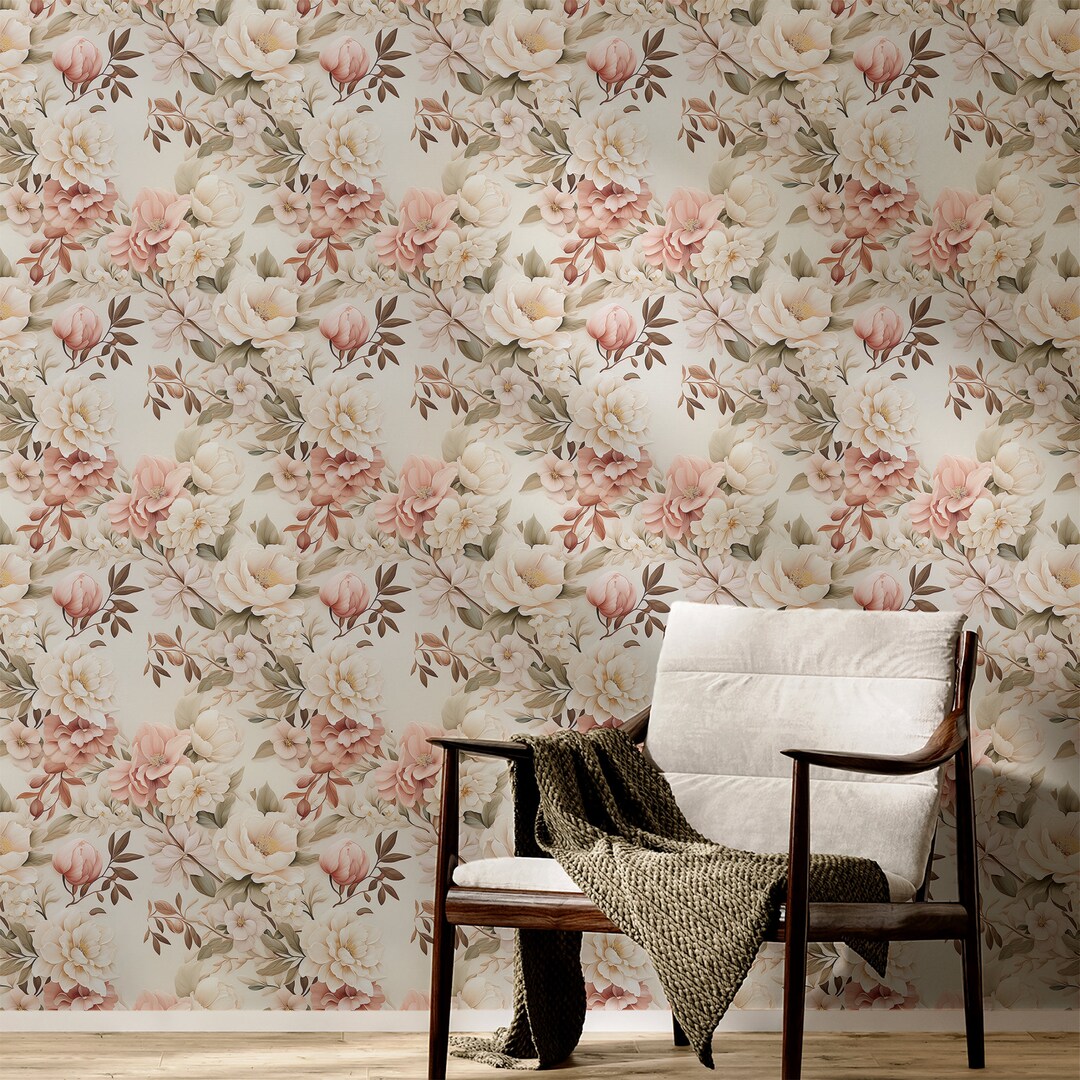 Wallpaper Vintage Pink Floral Retro Wall Decor Whimsical Botanical Wall ...