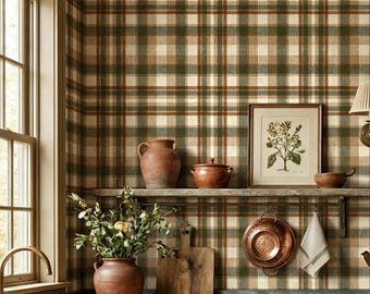 Papel pintado a cuadros verde y beige con aspecto de franela, estilo tartán, decoración rústica para cabañas y hogares - OPD539
