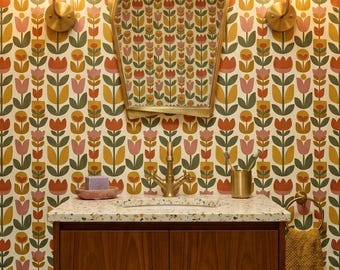 Tulip Botanical Wallpaper Terracotta Mustard Retro Earthy Home Wall Decor Peel and Stick or Traditional - OPD555