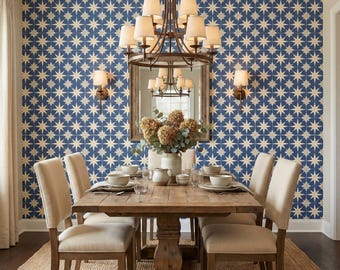 Carta da parati Art Déco unica, blu navy e crema, con audaci motivi geometrici a stella - OPD369