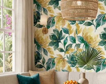 Papel pintado de flores silvestres coloridas con estampado floral botánico en tonos verde azulado y mostaza para decoración de paredes del hogar - OPD532
